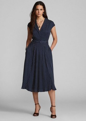 Námořnické / krémové dámské puntíkované hedvábné šaty Ralph Lauren