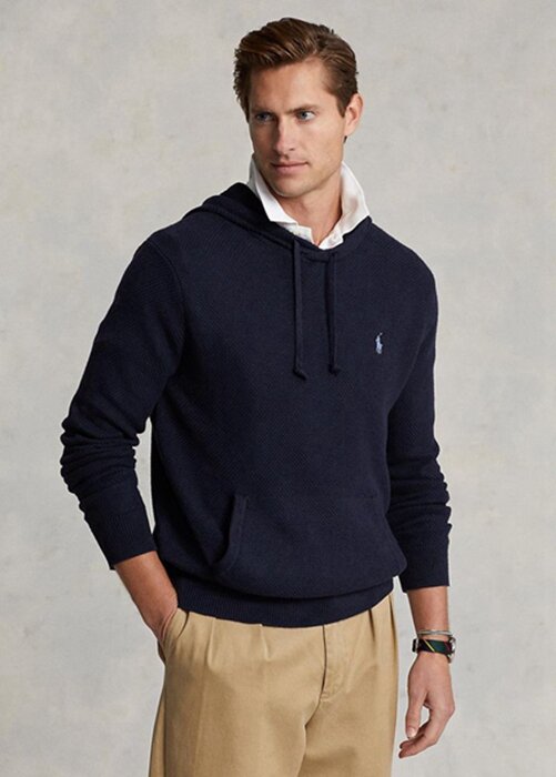 Námořnické pánské svetry Ralph Lauren s texturou z bavlny s kapucí Námořnické pánské svetry Ralph Lauren s texturou z bavlny s kapucí