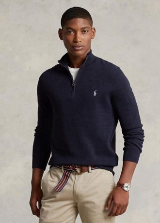 Námořnické pánské svetry Ralph Lauren se strukturovanou bavlnou se čtvrtky na zip Námořnické pánské svetry Ralph Lauren se strukturovanou bavlnou se čtvrtky na zip