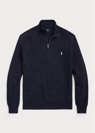 Námořnické pánské svetry Ralph Lauren se strukturovanou bavlnou se čtvrtky na zip Námořnické pánské svetry Ralph Lauren se strukturovanou bavlnou se čtvrtky na zip