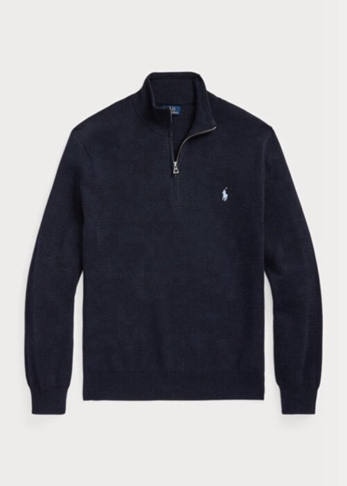 Námořnické pánské svetry Ralph Lauren se strukturovanou bavlnou se čtvrtky na zip Námořnické pánské svetry Ralph Lauren se strukturovanou bavlnou se čtvrtky na zip