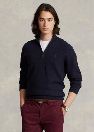 Námořnické pánské svetry Ralph Lauren síťované bavlněné svetry se čtvrtky na zip Námořnické pánské svetry Ralph Lauren síťované bavlněné svetry se čtvrtky na zip