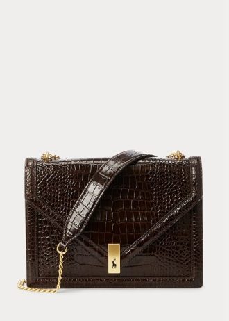 Čokoládová dámská kabelka Ralph Lauren Polo ID Croc-embosovaná obálka s řetízkem