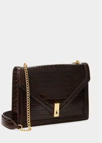Čokoládová dámská kabelka Ralph Lauren Polo ID Croc-embosovaná obálka s řetízkem