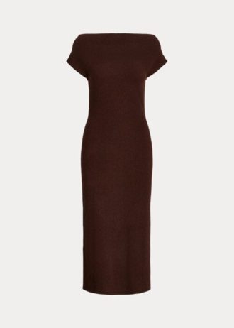 Čokoládové dámské kašmírové šaty Ralph Lauren s rovným výstřihem