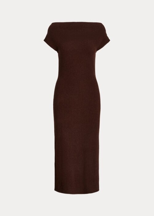 Čokoládové dámské kašmírové šaty Ralph Lauren s rovným výstřihem Čokoládové dámské kašmírové šaty Ralph Lauren s rovným výstřihem