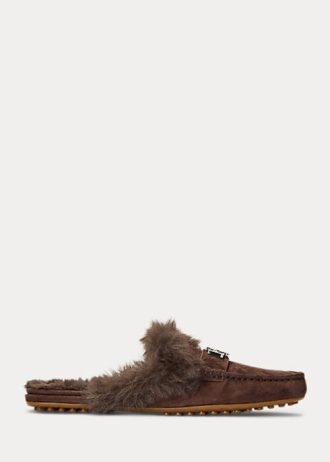 Čokoládové dámské semišové ploché boty Ralph Lauren Savanah s umělou kožešinou