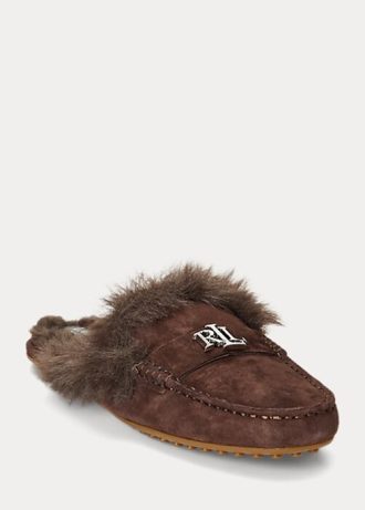 Čokoládové dámské semišové ploché boty Ralph Lauren Savanah s umělou kožešinou