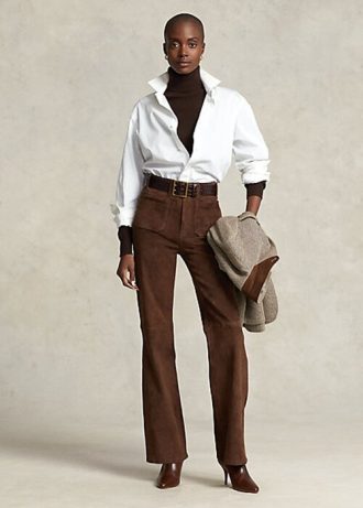 Čokoládové dámské semišové semišové kalhoty Ralph Lauren Lambskin Patch-Pocket Flare
