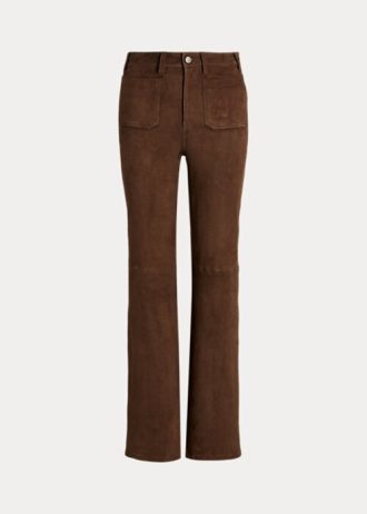 Čokoládové dámské semišové semišové kalhoty Ralph Lauren Lambskin Patch-Pocket Flare