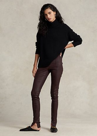 Čokoládové dámské úzké kalhoty Ralph Lauren Stretch jehněčí kůže