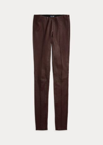Čokoládové dámské úzké kalhoty Ralph Lauren Stretch jehněčí kůže