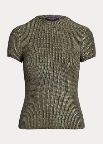 Olive Dámské svetry Ralph Lauren lakované hedvábí s krátkým rukávem Olive Dámské svetry Ralph Lauren lakované hedvábí s krátkým rukávem