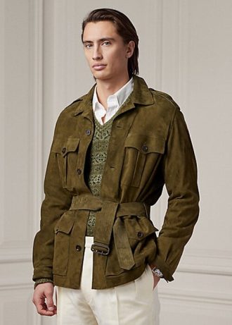 Olive Pánské semišové bundy Ralph Lauren s páskem