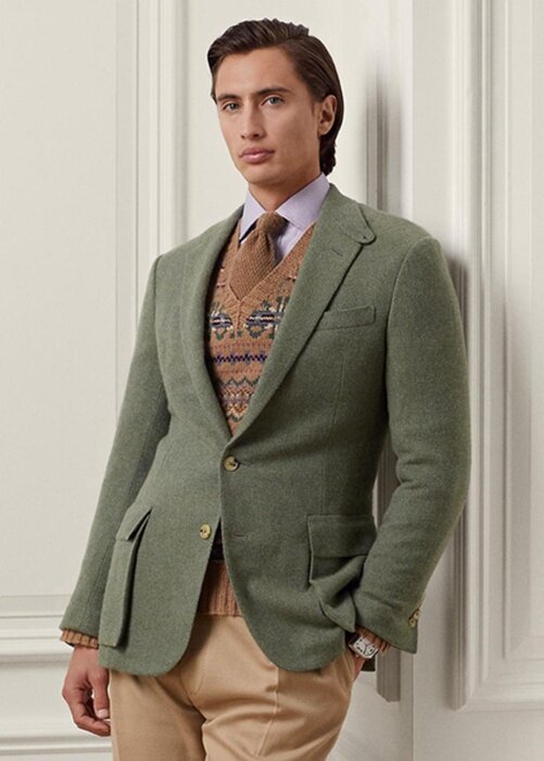 Olive Pánské sportovní sako Ralph Lauren Kent ručně vyráběné kašmírové Olive Pánské sportovní sako Ralph Lauren Kent ručně vyráběné kašmírové