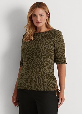 Olivové dámské bavlněné topy s výstřihem Ralph Lauren Ocelot Print