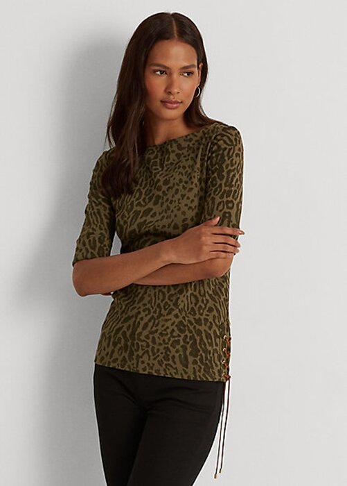 Olivové dámské bavlněné topy s výstřihem Ralph Lauren Ocelot Print Olivové dámské bavlněné topy s výstřihem Ralph Lauren Ocelot Print