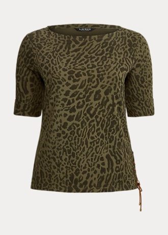 Olivové dámské bavlněné topy s výstřihem Ralph Lauren Ocelot Print