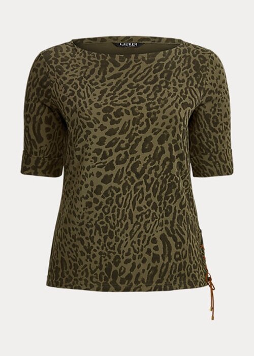 Olivové dámské bavlněné topy s výstřihem Ralph Lauren Ocelot Print Olivové dámské bavlněné topy s výstřihem Ralph Lauren Ocelot Print