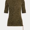 Olivové dámské bavlněné topy s výstřihem Ralph Lauren Ocelot Print Olivové dámské bavlněné topy s výstřihem Ralph Lauren Ocelot Print