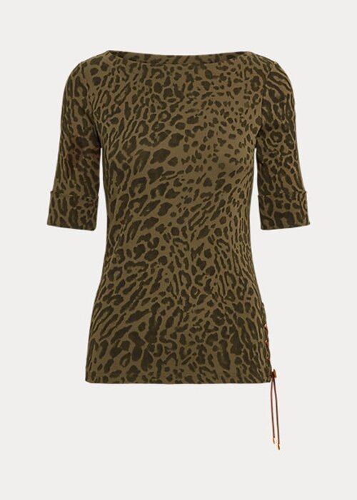 Olivové dámské bavlněné topy s výstřihem Ralph Lauren Ocelot Print Olivové dámské bavlněné topy s výstřihem Ralph Lauren Ocelot Print