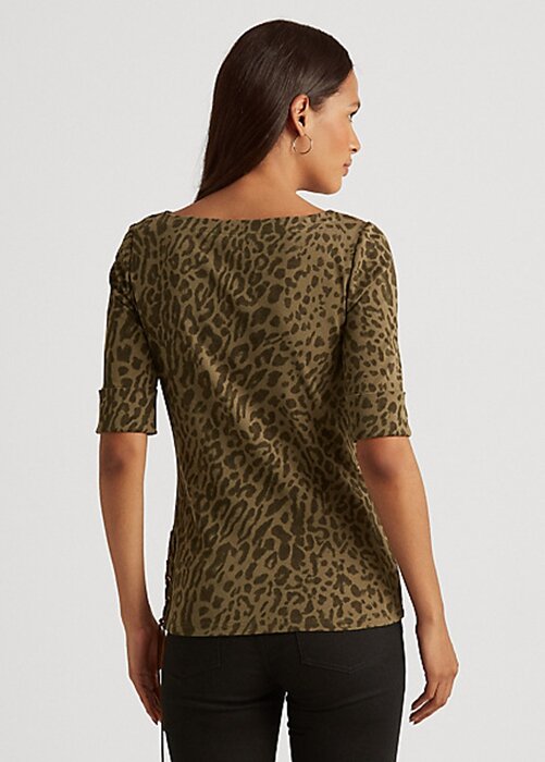 Olivové dámské bavlněné topy s výstřihem Ralph Lauren Ocelot Print Olivové dámské bavlněné topy s výstřihem Ralph Lauren Ocelot Print