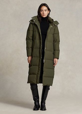 Olivové dámské dlouhé péřové kabáty Ralph Lauren odpuzující vodu