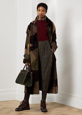Olivové dámské kabáty Ralph Lauren Harmon Patchwork Shearling