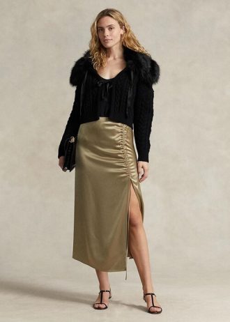 Olivové dámské saténové sukně Ralph Lauren Ruched se zavazováním Olivové dámské saténové sukně Ralph Lauren Ruched se zavazováním