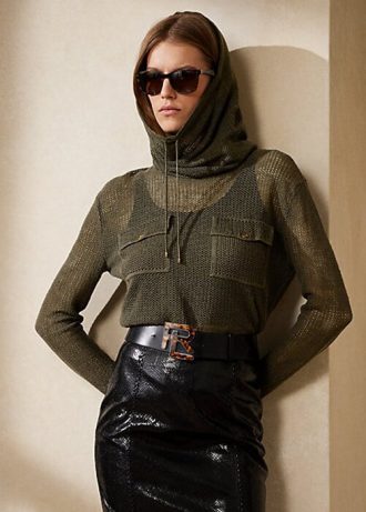 Olivové dámské svetry ze síťoviny Ralph Lauren s trychtýřovým výstřihem Olivové dámské svetry ze síťoviny Ralph Lauren s trychtýřovým výstřihem