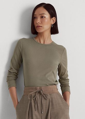 Olivové dámské topy s dlouhým rukávem Ralph Lauren ze směsi bavlny Olivové dámské topy s dlouhým rukávem Ralph Lauren ze směsi bavlny
