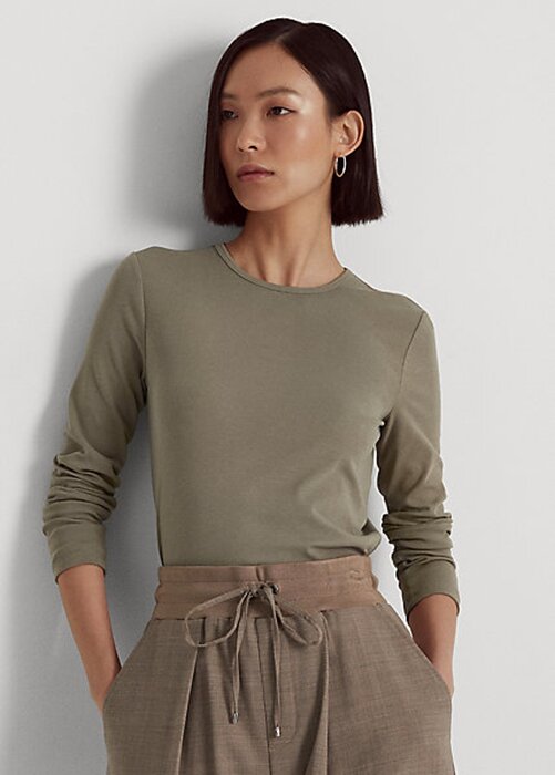 Olivové dámské topy s dlouhým rukávem Ralph Lauren ze směsi bavlny Olivové dámské topy s dlouhým rukávem Ralph Lauren ze směsi bavlny