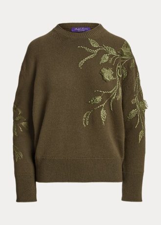 Olivové dámské zdobené kašmírové svetry Ralph Lauren Olivové dámské zdobené kašmírové svetry Ralph Lauren
