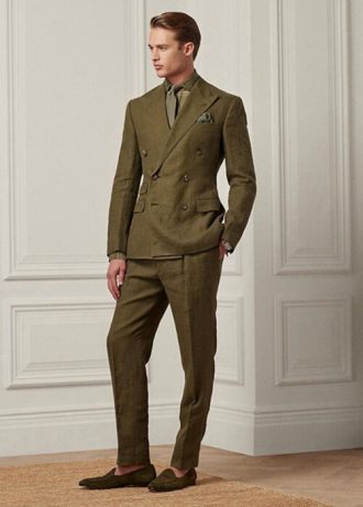 Olivové pánské kalhoty k lněnému obleku Ralph Lauren Gregory