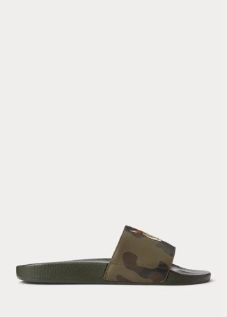 Olivové pánské kožené pantofle Ralph Lauren Tiger Camo