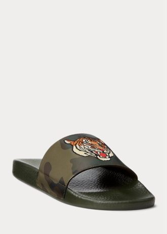Olivové pánské kožené pantofle Ralph Lauren Tiger Camo