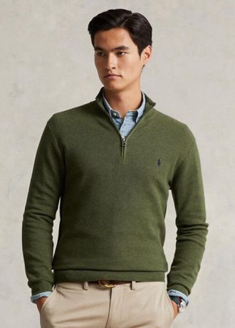 Olivové pánské svetry Ralph Lauren ze síťovaného bavlněného úpletu se čtvrtky na zip Olivové pánské svetry Ralph Lauren ze síťovaného bavlněného úpletu se čtvrtky na zip