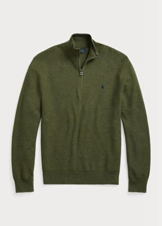 Olivové pánské svetry Ralph Lauren ze síťovaného bavlněného úpletu se čtvrtky na zip Olivové pánské svetry Ralph Lauren ze síťovaného bavlněného úpletu se čtvrtky na zip