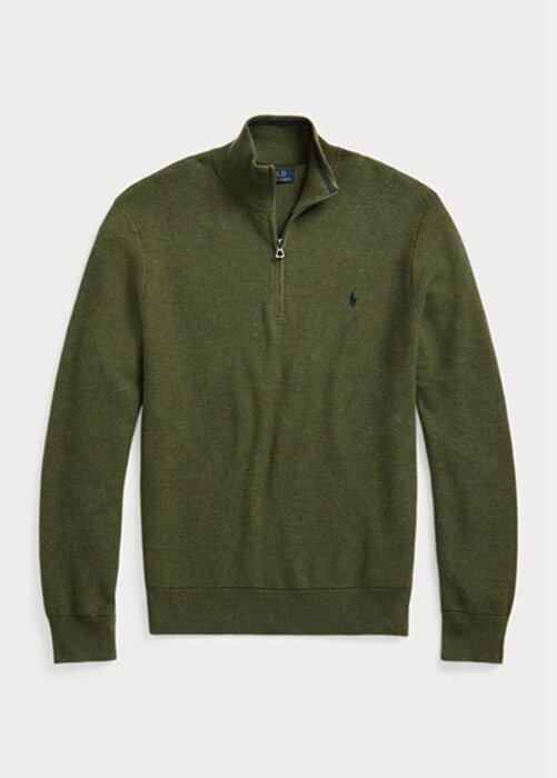 Olivové pánské svetry Ralph Lauren ze síťovaného bavlněného úpletu se čtvrtky na zip Olivové pánské svetry Ralph Lauren ze síťovaného bavlněného úpletu se čtvrtky na zip