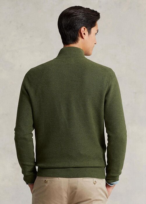 Olivové pánské svetry Ralph Lauren ze síťovaného bavlněného úpletu se čtvrtky na zip Olivové pánské svetry Ralph Lauren ze síťovaného bavlněného úpletu se čtvrtky na zip
