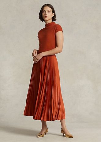 Oranžové dámské šaty s hybridním plisovaným výstřihem Ralph Lauren