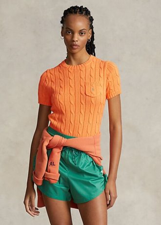 Oranžové dámské bavlněné svetry s krátkým rukávem Ralph Lauren Cable-Knit Oranžové dámské bavlněné svetry s krátkým rukávem Ralph Lauren Cable-Knit