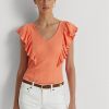 Oranžová dámská trička Ralph Lauren s volánkovým žebrovaným úpletem
