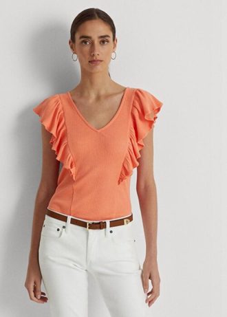 Oranžová dámská trička Ralph Lauren s volánkovým žebrovaným úpletem