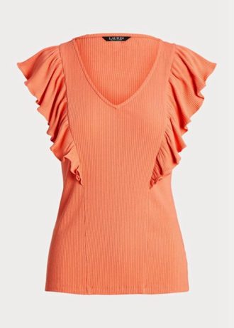 Oranžová dámská trička Ralph Lauren s volánkovým žebrovaným úpletem