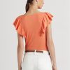 Oranžová dámská trička Ralph Lauren s volánkovým žebrovaným úpletem