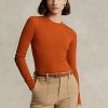 Oranžová dámská trička s dlouhým rukávem Ralph Lauren s žebrovaným semišem