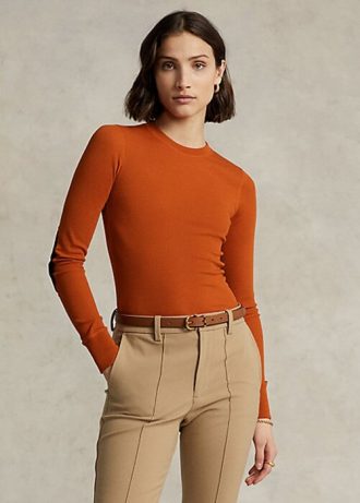 Oranžová dámská trička s dlouhým rukávem Ralph Lauren s žebrovaným semišem