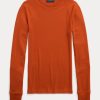 Oranžová dámská trička s dlouhým rukávem Ralph Lauren s žebrovaným semišem