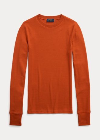 Oranžová dámská trička s dlouhým rukávem Ralph Lauren s žebrovaným semišem